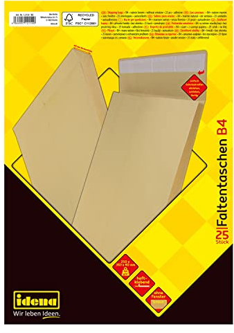Idena 12154 - Versandtaschen DIN B4, 25 Stück haftklebend, Faltentaschen mit 4 cm Bodenfalte, Briefumschläge ohne Fenster, aus 150 g/m² FSC-Recycled Papier in Braun