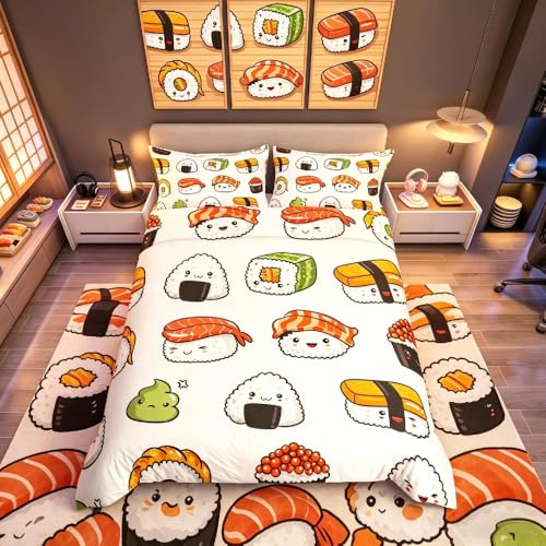 Bäddset med sushi i japansk stil, sängkläder och linne för barn, pojkar, flickor, mat, påslakan, söt tecknad japansk sushi, sängkläder och linne, påslakan, för super king size-säng
