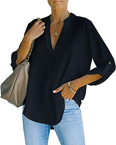 NONSAR Chemisier élégant à col en V pour femme Henley Chemisier ample à manches enroulables, Noir , M