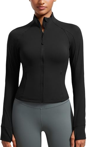 CRZ YOGA Butterluxe Waist Length Jackets for Women - Full Zip Athletic Track Tops with Thumb Holes Pockets Black Medium