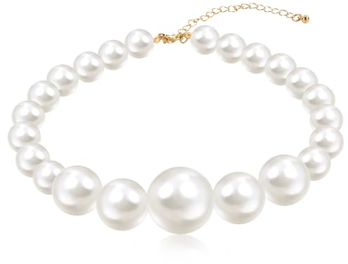 Weiße Perlenkette Damen - Imitation Perle Vintage Schmuck Kette Choker, Große Runde Perlen, Verstellbare für Frauen und Mädchen