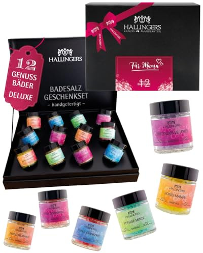 Hallingers Genuss Manufaktur Badesalze Muttertagsgeschenk-Set - 12x Badezusatz mit Totes Meer Badesalz edle Geschenkbox, Badekristalle Fußbad & Spa Zum Muttertag, Geschenkidee für Mama Oma