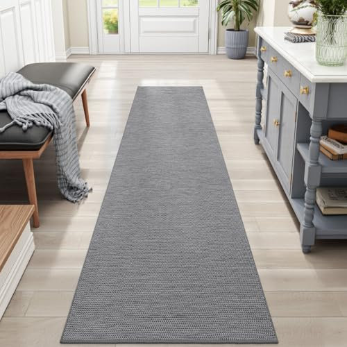 DEXI Runner Rug 43.5 x 200 cm, Extra Long Non-Slip Dirt Trapper Mat, Rubber Backed Kitchen Rugs, Thin and Washable Floor Carpet Runners for Hallway Entryway Laundry Besides, Grey