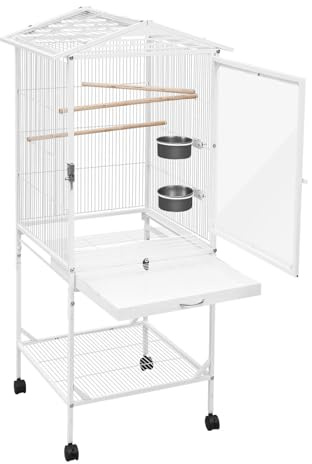 Jaula para loros, jaula grande con 4 ruedas, compartimento para el suelo, tapa de comida, jaula para pájaros con soporte para apartamento y balcón, 46 x 46 x 136 cm, color blanco
