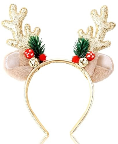 AFCJLTO Diademas Navideñas para Adultos Niños, Bonita Diadema de Renos de Navidad, Accesorios Navidad Accesorios Pelo Niña Mujeres, Diadema Navidad de Cuernos de Reno para Cosplay Fiesta(Dorado)