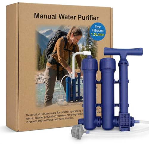 Outdoor Water Filter Hand Pump Drinking Water Filter 3-Stage Portable Filtration System for Camping, Hiking, Emergency Preparedness, BPA-Free Manual Portable Survival Filter