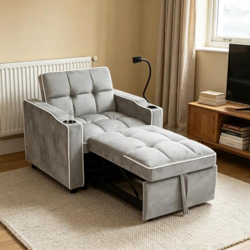 Su & Chan Legence Single Sofa Bed, Small Sofa Bed with Drink Holders, Phone Holder and Side Pocket, Single Chair Bed for Small Rooms, Space Saving Design, Grey