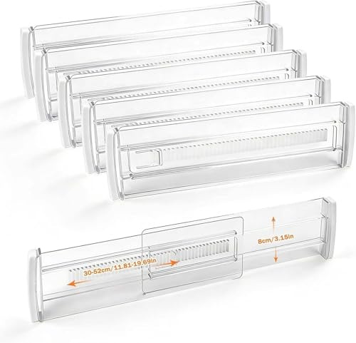 Tuxvealu 6 Pièces Séparateurs de Tiroirs, 30-52cm Separateur Tiroirs Réglable, Organisateur de Tiroir Transparents, Organisateur Diviseurs de Tiroir pour Cuisine, Commodes, Salle de Bain