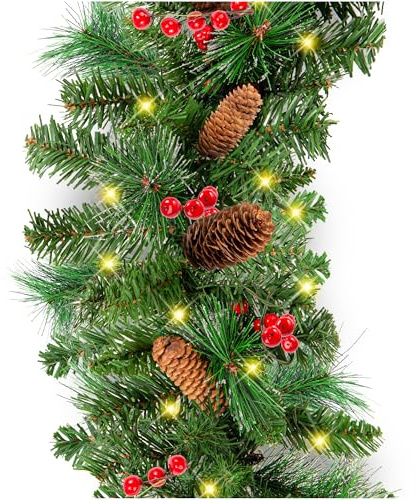 Best Choice Products 9ft Pre-Lit Holiday Pre-Decorated Christmas Garland for Stairs, Fireplace, Decoration w/PVC Tips, 50 Lights, Pine Cones, Berries - Unflocked