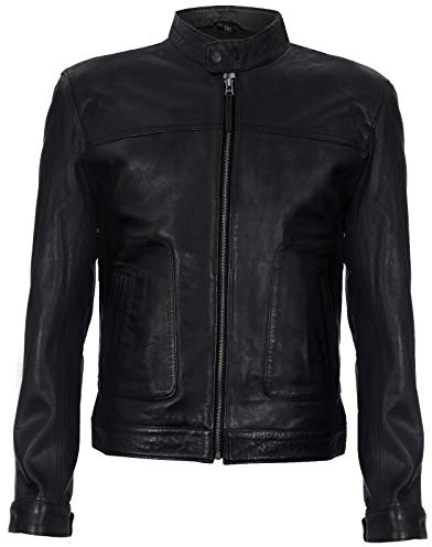 Veste Harrington Homme Ajustée en Cuir Véritable Noir avec Col en Cuir Véritable S
