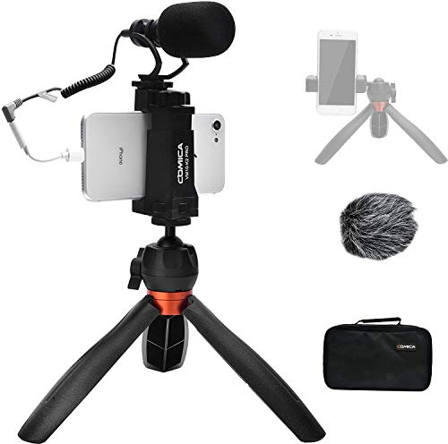COMICA Handy-Mikrofon Vlogging Kit, CVM-VM10-K2 PRO Video Kit mit Professionelles Richtmikrofon und Stativ für iPhone, Samsung,Huawei,Kamera,YouTube Kit für Living-Video,Videokonferenz,Filmen