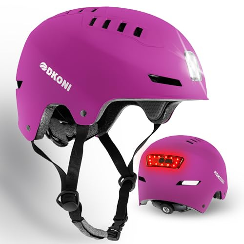 DKONI Casque de vélo avec lumières LED - Casque de vélo de navetteur rechargeable par USB - Casque avec lumière LED avant et arrière pour adultes - Pour homme et femme (rose, taille M : 54-58 cm)