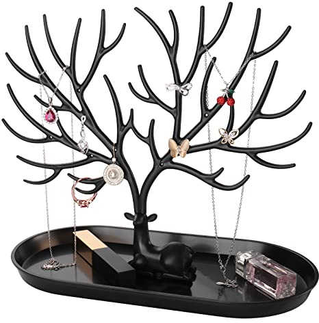 penobon Antlers Jewellery Stand, Jewellery Tree Girls, 2 in 1 Earring Holder & Plastic Jewellery Tray, Jewellery Holder Storage for Earrings, Necklaces, Bracelets, Watches and Rings, Black