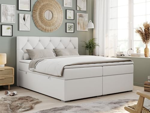 MKS MEBLE Boxspringbett 180x200 mit Matratze und Topper, Boxspringbett mit Bettkasten und Kopfteil- Alda - H3 Weiß Kunstleder
