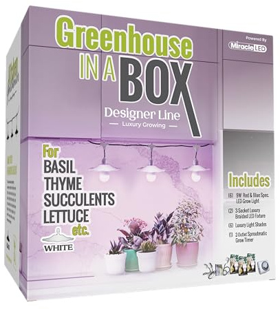 Miracle LED Greenhouse in a Box Designer Line Indoor Grow Kit - 3 Absolute Daylight Red & Blue Spectrum 100W Replacement Grow Bulbs & 1 3-Socket White Shade Fixture with Timer (2-Pack)