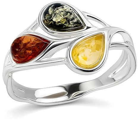 Designer Inspirations Boutique - Bague en Argent Sterling avec Ambre Tricolore - Pierres Multicolores Jaunes, Vertes, Orange - Taille Disponible de 19 à 1