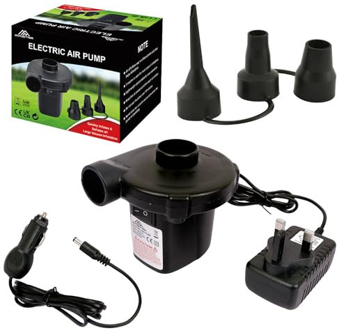 AC Electric Air Pump with 3 Nozzles for Inflatables | Air Bed Air Matress | Paddling Swimming Pool | Toys | 3 Pin UK Adaptor Plug | 12V Car Cigarette Lighter Cord | 50W | Portable
