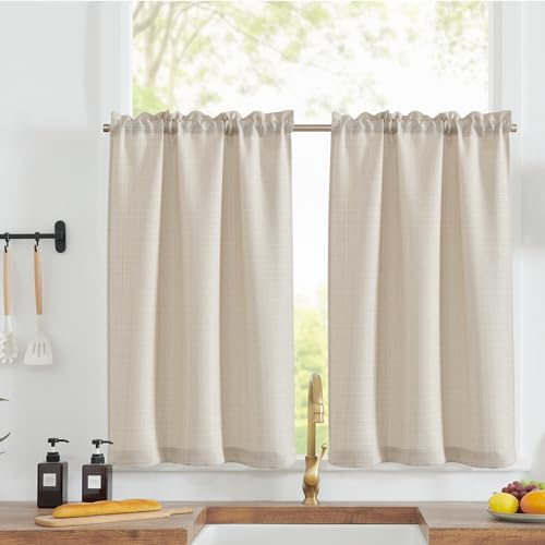 TOPICK Cortinas Cocina de Lino con Bolsillo Natural Beige Translucidas Cortos Rusticas Cortina Salon Baño Corta para Boho Campo Pequeñas Ventana Juego de 2 Unidades 70 x 90 cm