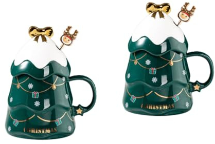 Cabilock 2 Sätze Weihnachtsbecher Becher mit Deckel für Kinder Trinkgeschirr für Weihnachtsfeiern Glasbecher Tischdekoration Wasserbecher aus Keramik Milchbecher Haushalt Kaffee Untersetzer