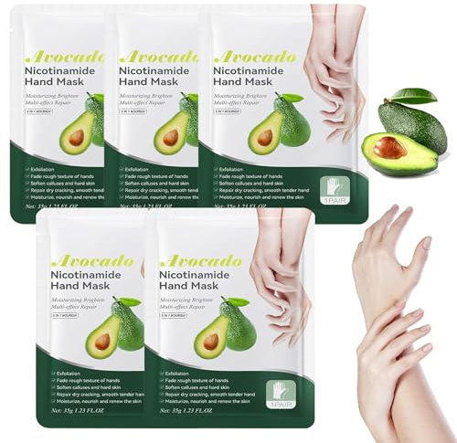 Handmasken, 5 Paar Feuchtigkeitsspendende Handschuhe, Handpflege für Trockene Alternde Rissige Hände für Frauen und Männer, Peeling-Handmasken Mit Avocado-Extrakt