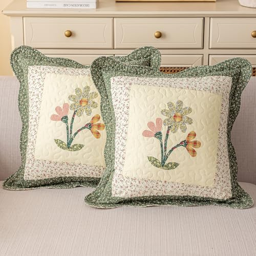 vctops Set of 2 Cotton Quilted Decorative Square Throw Pillow Covers with Scalloped Floral Pattern Soft Cushion Case for Couch Sofa Bed (Green,18x18)