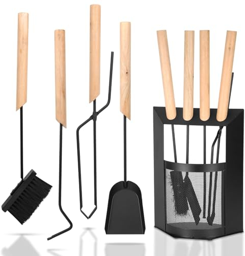 Ikodm Juego de 4 utensilios para chimenea, accesorios para chimenea con escoba, pala, gancho de hierro, pinzas de fuego, soporte, diseño moderno, utensilios para chimenea con mango de madera