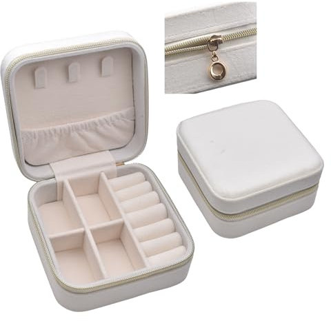 BECKLUXE Small Travel Jewellery Box for Women, Mini Portable Jewelry Box Organiser, PU Leather, Velvet Jewellery Case Holder for Women, Girls (Velvet Ivory, Square 10x10x5cm)