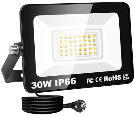 RIGIDON Projecteur Led Extérieur Avec Prise, 1x 30W 3000LM IP66 étanche Éclairage de Sécurité, Spot Led Lampe pour Patio Garage Terrasse Jardin Chantier Muraux Atelier, 3000K Blanc Chaud Luminaires