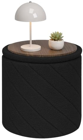 Bonlife Round Ottoman Stool with Storage, Folding Footstool with Lid,Boucle Vanity Stool for Living Room,Bedroom,Entryway,Black,43x43x45cm