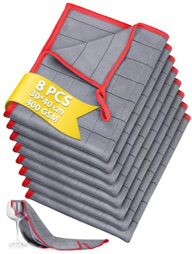 Euqvunn Panni Microfibra in Fibra di Carbonio, 8 Pezzi, 30 x 40 cm, 400GSM, Senza Pelucchi, Motivo a Griglia per Sporco e Grasso Ostinati, per Casa, Cucina, Auto e Pulizia Vetri – Rosso