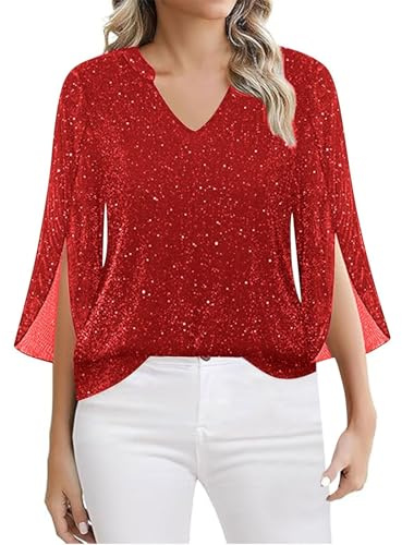 YCBMINGCAN - Top da donna con glitter, blusa elegante e festosa con scollo a V, manica lunga casual con paillettes e maniche a fessura, top da festa brillante, tunica rilassata per Capodanno, # 1