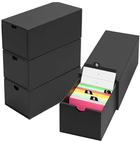 Longzhuo 4-Pack 6.3 x 5.2cm Index Card Organizer Box with Lid & 120 Dividers, Holds 4000 Cards – Black Storage Box for Recipe Cards, Flashcards, Study Notecards