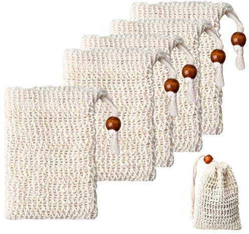 5 PCS Sisal Soap Bag with Drawstring Natural Soap Saver Pouch for Shower Bath