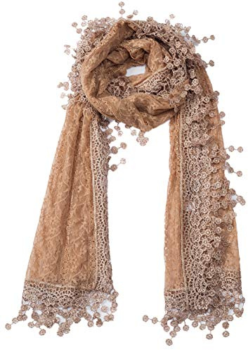 Women's lightweight Feminine Lace teardrop fringe Vintage Mesh Crochet Tassel Scarf for Women (Light Brown with Fringes)