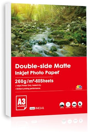 Inkuway A3 tjockt dubbelsidigt matt fotopapper – 260 Gsm 60 ark bläckstrålepapper utskrivbart för meny, kalender bläckstråleskrivare