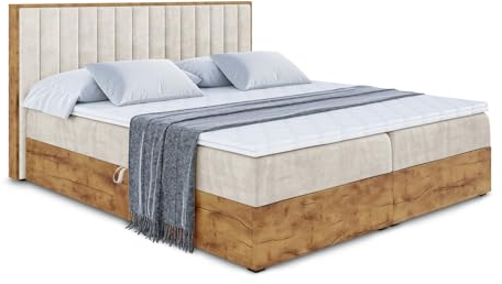 ALTDECOR Boxspringbett mit Matratze und Lattenrost, Topper, Fußteil,Polsterbett mit Bettkasten, Bett mit Stauraum H4-Matratze, Doppelbett, Boxbett - LOLLI5-180x200 - Beige Monolith