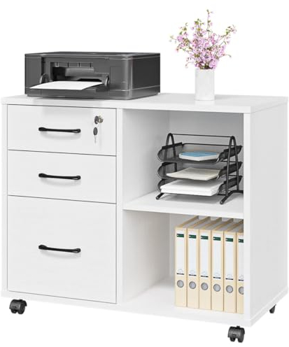 Panana Rollcontainer, Aktenschrank, Büroschrank mit 5 Rollen, 3 Schubladen und 2 offenen Fächern, für Büro, Zuhause, 79 x 40 x 66 cm (Weiß)