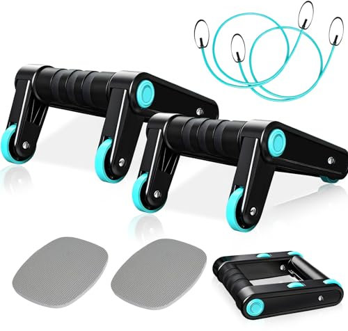 3 in 1 Liegestützgriffe Bauchroller Set, Bauchtrainer mit Fitnessbänder, inkl. Tragetasche, Kniematte Rutschfeste Griffe Bauchtrainer ab Roller ideal für Männer und Frauen Bauchmuskeltraining (Blau)