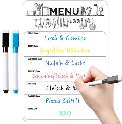Alethron Essensplaner, A4 Magnettafel Kühlschrank, Essensplaner Woche Abwischbar, Wochenplaner Menüplaner Stundenplan Abwischbar Magnetisch inkl. 2 Stift Meal Planner für Den Kühlschran Familie