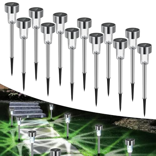 Paquete de 12 Luces Solares Jardín LED, Sin Cables Lámpara de Camino de Exterior Jardín, Acero Inoxidable Impermeable IP44, Lamparas Solares para Patio, Césped, Terraza, Entrada(Luz Blanca Fría)