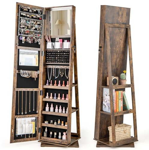 GOPLUS Armoire à Bijoux avec Miroir, Organiseur de Bijoux Rotatif avec Rangment pour Boucles d'Oreilles et Bagues, Armoire a Bijoux sur Pied avec 3 Étagères Arrière (Marron rustique)