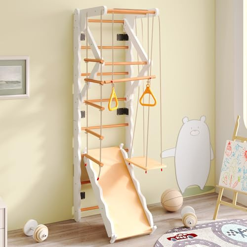 Parete da arrampicata per interni per bambini, parete da arrampicata in legno con scivolo, altalena, scala per arrampicarsi, area di trazione, anelli, attrezzatura da gioco, set da giungla