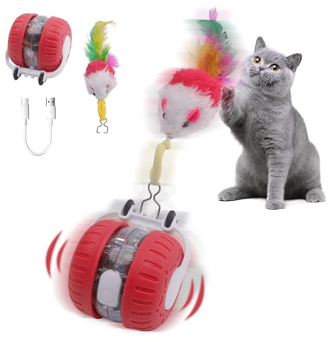 NGOKPYD Juguete Interactivo para Gatos, Pelota de Juguete Gatos Recargable Plumas, diseño de persecución de Puntos Rojos y chirridos, Juguetes interactivos automáticos para Gato de Interior (Rojo)