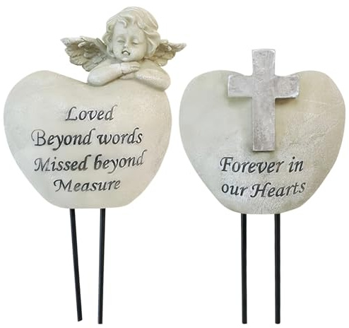 Cemetery Angel Grave Vases, 2-Pack, Resin Heart-Shaped with Angel Figurine, Memorial Decor for Gardens, Includes Ground Spike for Easy Placement, Engravings for Honoring Beloved Ones