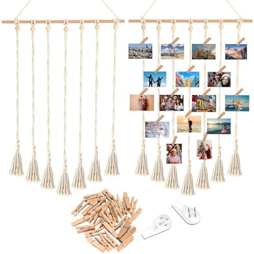 YOYEAH Kit 2 Marcos Fotos Collage con Clips, Pared Fotos 30 Clips Madera & 7 Cuerdas Cáñamo, Cortina Fotos para Colgar Recuerdos, Marco Fotos con Cuerda Decoración Habitación