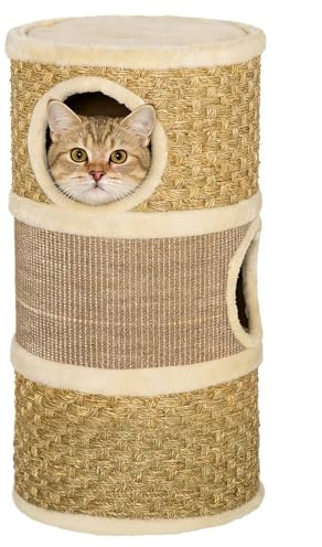 28 Inch 3-Story Cat Condo with Sisal Scratching Pad - Barrel Shaped Cat Hideaway for Indoor Cats (Khaki/Brown)