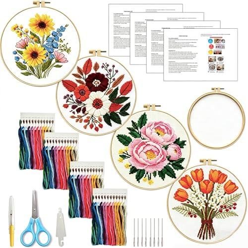 Kit Bordado Principiantes, Punto de Cruz 4 Diseños Florales con Bastidor Aguja e Hilo, Bordar Kit Principiantes con Instrucciones, Juegos de Bordar DIY Adultos, Kit de Bordado Punto de Cruz