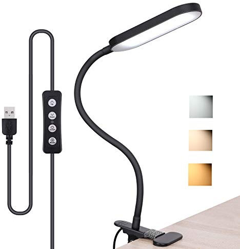 aiyidi Clip On Reading Light, Eye-Care Dimmable Desk Clamp Lamp with 3 Color Temperature Brightness Adjustable Flexible Gooseneck Bed Light for Study, Reading and Relaxing (Black)