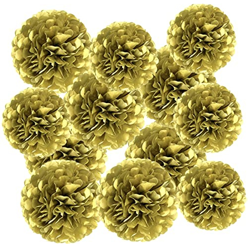 Gold Paper Pom Poms - Party Tissue Paper Flowers Balls - Party Hanging Decoration Supplies - Size of 10inch, 12inch, Great for Wedding, Birthday, Any Parties and Events (12 PCS)