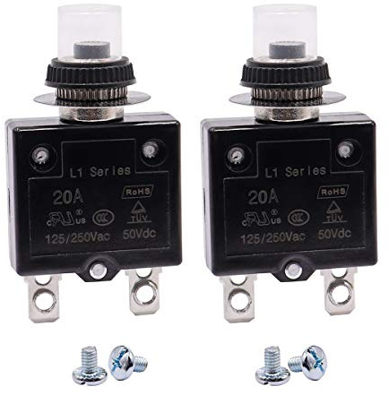 mxuteuk 2Pcs 20Amp Circuit Breakers Push Button Manual Reset 125/250V AC 50V DC, L1 Series Overload Protector Switch Thermal Circuit Breakers with Waterproof Button Caps L1-ls-20A